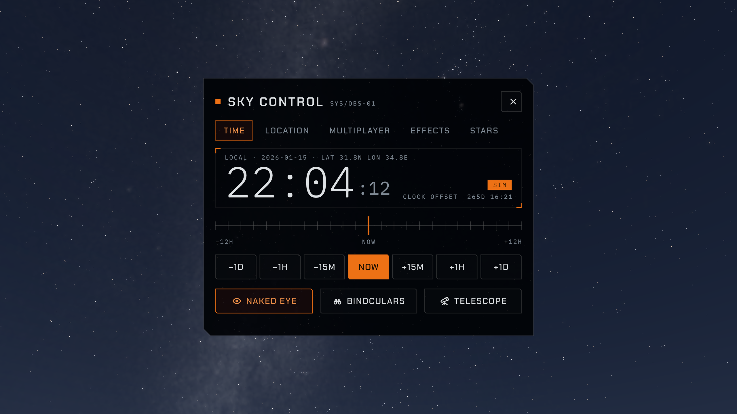 SKYNARIUM’s time controls against the star-filled sky